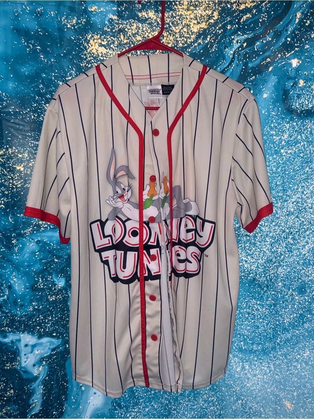 Warner Bros. White Pinstripe Looney Tunes Baseball Jersey with Red Trim